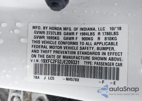 2018 Honda Civic Lx из США, поврежденный, VIN 19XFC2F52JE209331